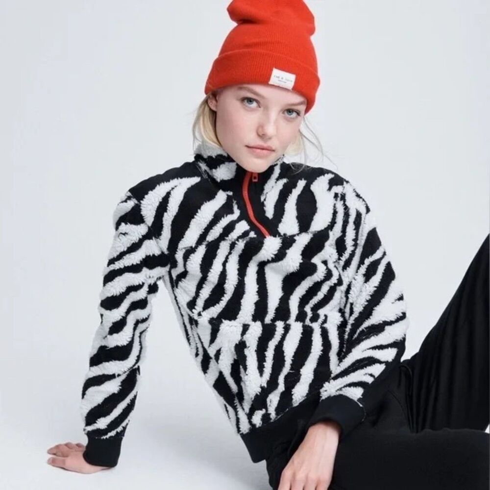 Rag & Bone Zebra Half Zip Sherpa Pullover Jacket Black White Size Small